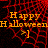 Animated Halloween-themed icon with orange text 'Happy Halloween' and a smiley face on a red spiderweb background.