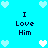 Pixelated blue background with white and light-blue hearts surrounding text reading "I Love Him" in dark blue.