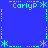 Blue background with cyan pixelated text and symbols arranged in a symmetrical pattern.