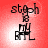 Red background with four identical showing 'stgoh' text, '18' number, and a stylized figure with a chair and table