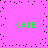 A static image with a bright pink background, four instances of the text 'KATE' in green, and scattered black pixel clusters forming a border.