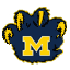 Six paw-shaped icons with yellow 'M' on dark blue background, each showing slight variation in claw and outline details.