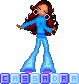 Pixelated character with long brown hair in blue outfit standing on blue blocks with letters, showing slight pose variation