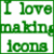 Green and blue pixelated text on white and pink backgrounds reads "I love making icons with animals" in a blocky, low-resolution style.