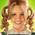 Pixelated close-up of a smiling person with curly brown hair styled in two large side curls against a green-yellow gradient background.