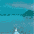 A pixelated dolphin jumps from blue water against a teal background with dark green shapes.