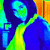 A pixelated figure in blue and green clothing with a hooded silhouette against an orange background, holding a small object.