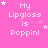 Pink background with repeated text 'My Lipgloss is Poppin!' in white pixelated font, scattered star shapes.