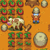 Pixel art scene with orange background showing farm elements: tomato plants, cow, character carrying stone, rocks, and logs.