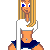Pixelated character with long blonde hair, blue eyes, and a white crop top over dark blue shorts against gray background.