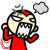 A red-shirted cartoon character with a white face and black eyes displays multiple expressions including shouting, covering ears, and holding head while gray smoke puffs appear near its head.