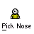 Pixel art character in yellow shirt with four distinct facial expressions and hand positions under text reading 'Pick Nose' on gray background.