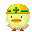 Pixel art contact sheet of a yellow chick mascot wearing a construction helmet with green cross, showing seven distinct animation frames including front-facing, side views, and running poses.