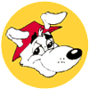 Five circular cartoon dog icons on colored backgrounds with distinct expressions and features.
