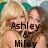 Two women with long hair pose together; text changes from 'Ashley & Miley' to 'Ash & Miley!' across frames.