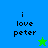 A four- displays pixelated text 'i love peter' with a star icon changing color between blue and green