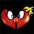 Red heart-shaped figure with large white eyes, pink nose, and yellow star on right side against black background.