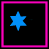 Six display a blue star with eight points transitioning through cyan hues against black backgrounds, each bordered by bright pink frames