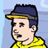 Pixelated cartoon character wearing dark blue cap with yellow brim and bright yellow shirt against light blue background.
