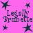 Pink background with dark blue star shapes and repeated text "Legally Blonde" in pixelated font.