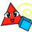 Red triangular character with large eyes and a small mouth, blue shape attached to its side, yellow spiral behind it on white background.