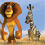 Pixelated cartoon-style image of a lion and giraffe standing side-by-side on a sandy ground under a light blue sky.