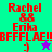 A four- of pixelated text and symbols with alternating background colors, featuring red text reading "Rachel 88 Erika BFFFLAE!" and a smiling face emoticon in each