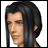 Pixelated anime-style character with long black hair and green eyes, next to stylized text on a black background.