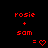 Red pixel text 'rosie + sam = ❤' appears in a of nine identical frames on black background, with one frame showing a slightly larger heart symbol