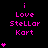 Pixelated pink text 'i Love StellaR Kart' on black background with animated pink heart symbols appearing and disappearing in clusters.