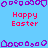 Pixelated Easter-themed icon with repeating 'Happy Easter' text in red over a light blue background, bordered by purple decorative shapes.