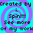 Pixelated cyan and purple spiral background with repeated text overlays reading 'Created by i. Spin!!! See more of my work' in black block letters.
