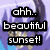 Pixelated image with text overlays: 'ahh.. beautiful sunset!' over a purple-haired anime character, a smiling face icon over a sunset, and 'whaa?' over a moon.