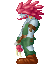 Pixel art character with pink spiky hair, green and white armor, brown boots; animated sequence shows hand movement and red particle effects.