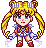 Pixel art character with blonde pigtails and blue bow, wearing blue and white sailor-style outfit with red shoes, shown in multiple poses against gray background.