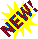 Pixelated 'NEW!' text in various colors with yellow starburst shapes on gray background, some frames show smaller blue and yellow elements.