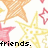 Pixelated star pattern with pink, yellow, and orange stars on white background, featuring text "friends." and "just friends." in black pixel font.