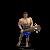 A shirtless man in blue shorts holds a large golden object with white accents, transitioning through multiple poses against black background.