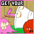 Animated contact sheet of a cartoon character with pink hair and white shirt standing in front of wooden wall, red circular object on ground, changing text above each frame.