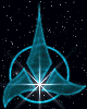 Animated blue geometric symbol with three curved petals and central starburst on black starry background, displayed in two vertical
