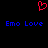 Red pixelated heart symbol above blue text reading 'Emo Love' repeated twice on black background.