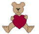 Two static frames of a cartoon teddy bear holding a red heart against a gray background, showing slight pose differences between the left and right frame.
