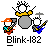 Pixel art icon featuring three characters: a drummer with orange cap, a central drum set, and a guitarist with blue guitar, all on gray background with 'Blink-182' text below.