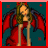Pixelated character with long brown hair, red dress, and dark blue wings against teal background with small red crosses.