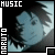 Pixelated anime-style character with spiky brown hair and blue face, displayed in three overlapping with 'MUSIC' text at top-left of each