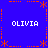 Blue background with orange dotted border and four 'OLIVIA' text labels in white pixelated font at corners.
