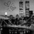 Black-and-white cityscape with tall buildings, a bright light source, and floating heart shapes in the sky.