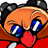 Pixelated cartoon character with orange hair, blue eyes, black cat ears, and a red mouth against a solid red background.