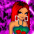 Pixel art contact sheet showing a red-haired cartoon woman in cherry-themed attire with text and cherry graphics on a purple background.