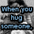 Black-and-white image of two people embracing with overlaid text reading "When you hug someone, to let go." in blue pixelated font.